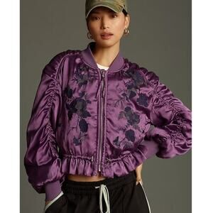 Anthropologie Embroidered Satin Bomber Jacket Purple XS NWOT